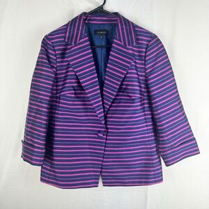 Talbots Blazer Jacket Womens 12 Purple Blue Cotton Silk Blend Striped Lined